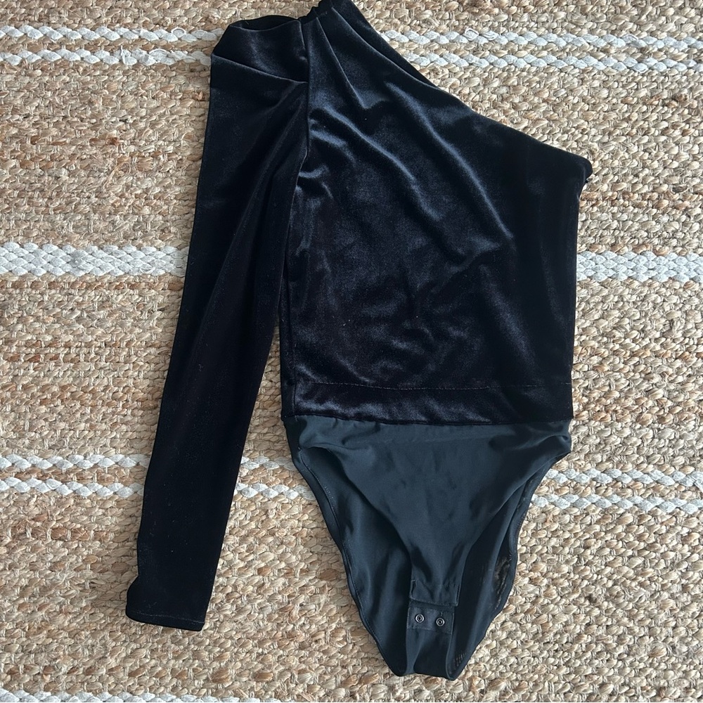 All Saints Daphne One Shoulder Black Velvet Bodysuit